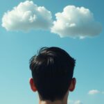 back of man's head looking at 2 clouds in the sky